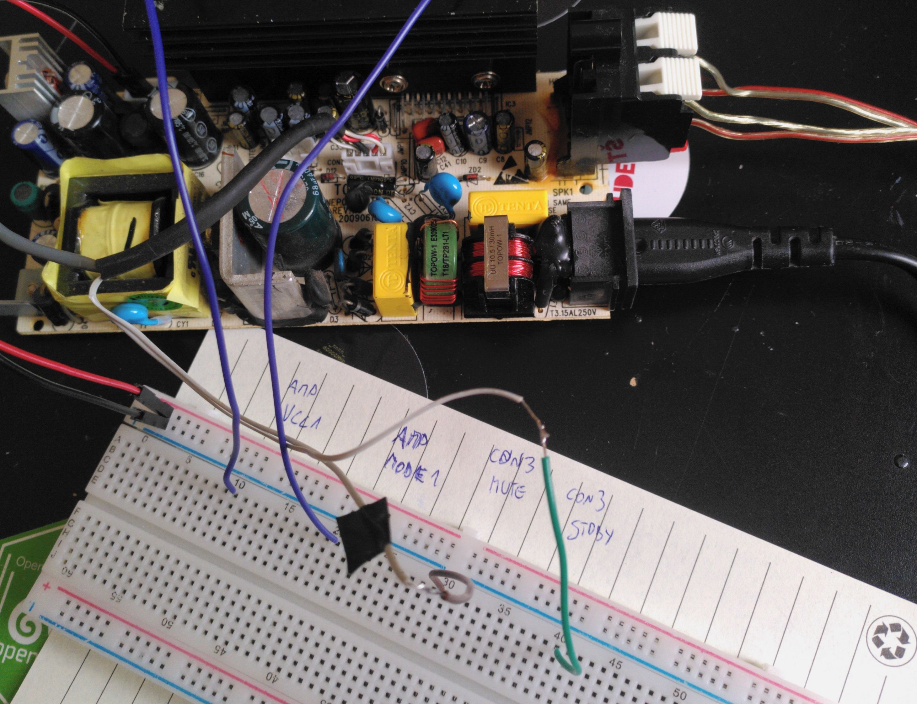 power + audio PCB, with added wires for testing on a breadboard